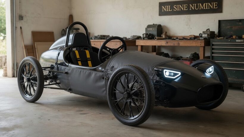 Matte black electric CycleKart with spoked wheels and LED headlights, parked in a workshop