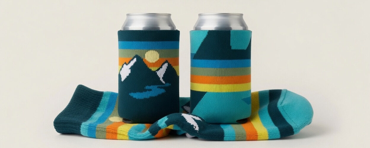Two can coolers made from striped hiking socks, on cans set on a matching sock